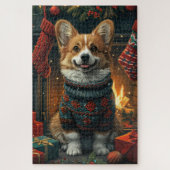 Corgi Hund mit Weihnachtsgeschenken Feuerplatz Puzzle (Vertikal)