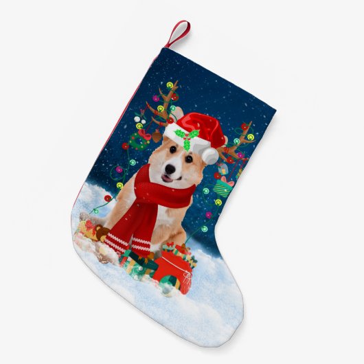 Corgi Hund mit Weihnachtsgeschenken Kleiner Weihnachtsstrumpf (Vorderansicht (hängend))