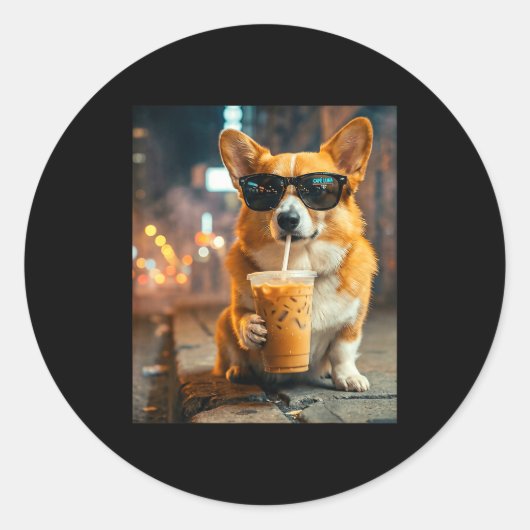 Corgi-Hund trinkt eisgekühlten Kaffee lustiges Tie Runder Aufkleber (Vorderseite)