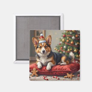 Corgi-Hund-Weihnachtslaib mit Santa-Krone Kunst Magnet