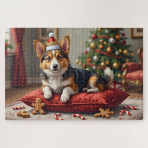 Corgi-Hund-Weihnachtslaib mit Santa-Krone Kunst Puzzle