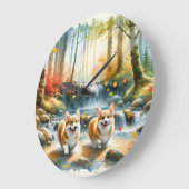 Corgi Hunde in einem Waldlauf mit Herbstfarben Große Wanduhr (Winkel)