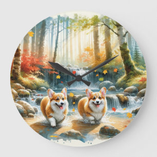 Corgi-Hunde in einem Waldstrom mit Herbstfarben Große Wanduhr