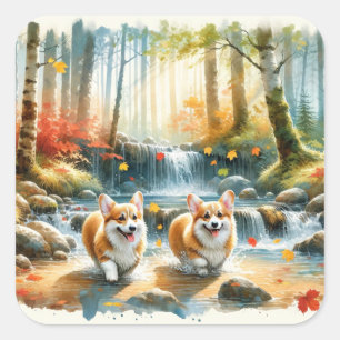 Corgi-Hunde in einem Waldstrom mit Herbstfarben Quadratischer Aufkleber