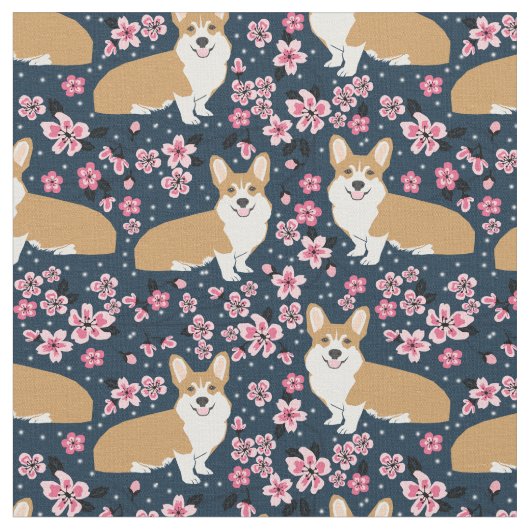 Corgi-Hunde Kirschblüten Stoff (Nahaufnahme)