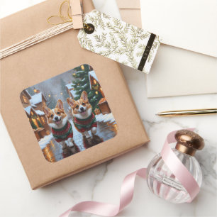 Corgi Hunde Weihnachten Schnee Feiertag Quadratischer Aufkleber