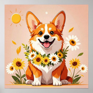 Corgi Hundenkrone mit Sonnenblumen Wanddekor Poster