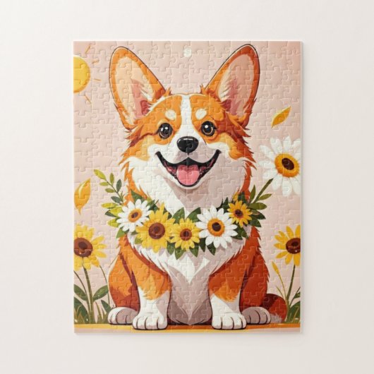 Corgi Hundenkrone mit Sonnenblumen Wanddekor Puzzle (Vertikal)