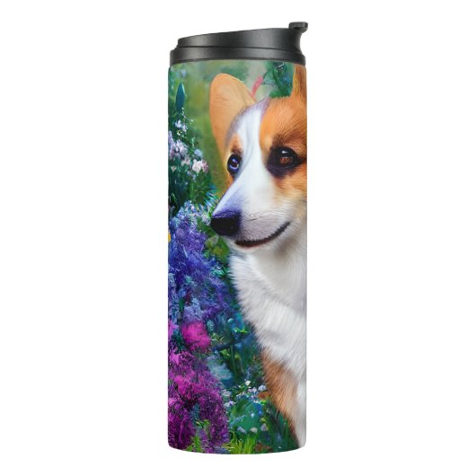 Corgi im Garten Thermosbecher (Nach links gedreht)