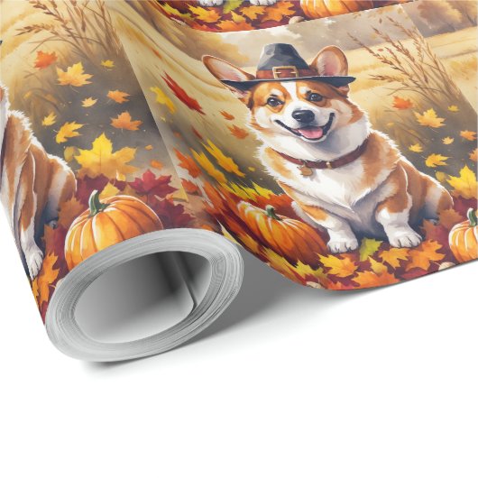 Corgi im Herbst hinterlässt Erntedank Kunst Geschenkpapier (Rolleneckpunkt)