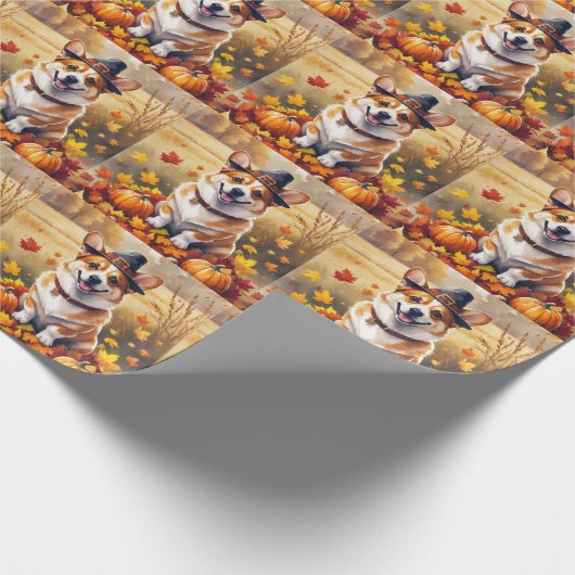 Corgi im Herbst hinterlässt Erntedank Kunst Geschenkpapier (Ecke)