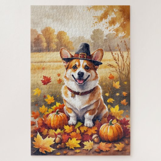 Corgi im Herbst hinterlässt Erntedank Kunst Puzzle (Vertikal)