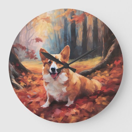 Corgi im Herbst Leaves Fall Inspiriert Große Wanduhr (Vorderseite)
