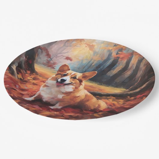 Corgi im Herbst Leaves Fall Inspiriert Pappteller (Schrägansicht)