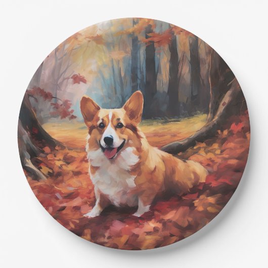 Corgi im Herbst Leaves Fall Inspiriert Pappteller (Vorderseite)