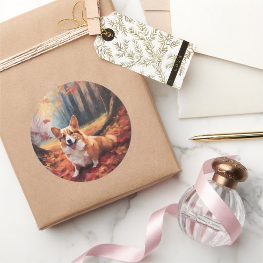 Corgi im Herbst Leaves Fall Inspiriert Runder Aufkleber (Schenken)