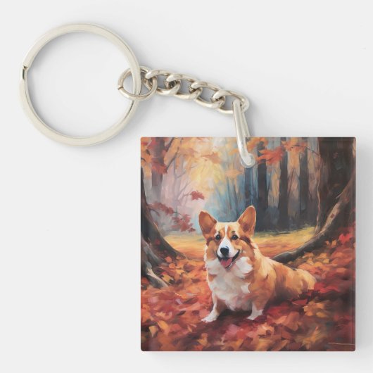 Corgi im Herbst Leaves Fall Inspiriert Schlüsselanhänger (Vorderseite)