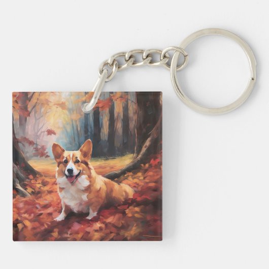 Corgi im Herbst Leaves Fall Inspiriert Schlüsselanhänger (Rückseite)