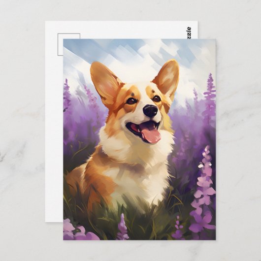 Corgi im Lavenderfeld Postkarte (Vorne/Hinten)