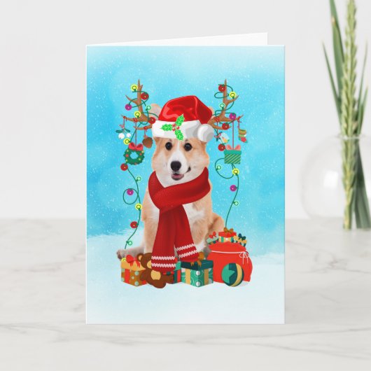 Corgi im Schnee mit Weihnachtsgeschenken Karte (Vorderseite)