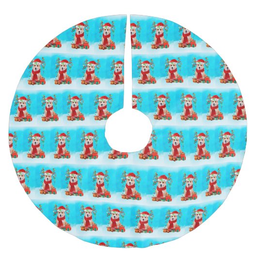 Corgi im Schnee mit Weihnachtsgeschenken Polyester Weihnachtsbaumdecke (Vorderseite)