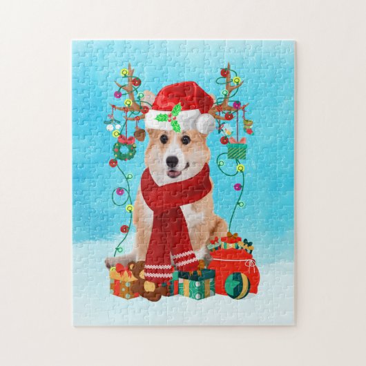 Corgi im Schnee mit Weihnachtsgeschenken Puzzle (Vertikal)