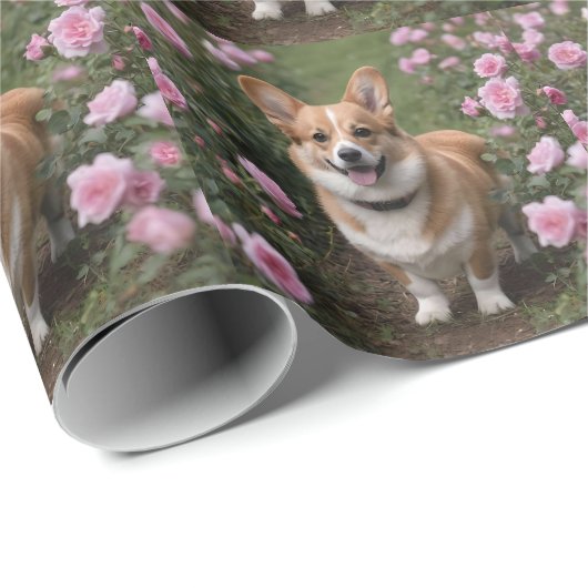 Corgi in den rosa Rosen, Geschenkpapier (Rolleneckpunkt)