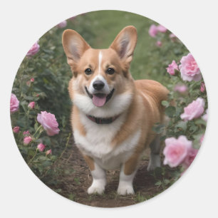 Corgi in den rosa Rosen, Runder Aufkleber
