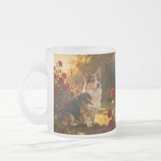 Corgi in den Rosen I Mattglastasse (Links)
