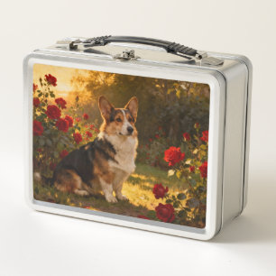 Corgi in den Rosen I Metall Brotdose