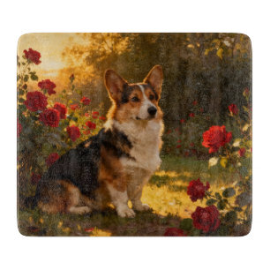 Corgi in den Rosen I Schneidebrett
