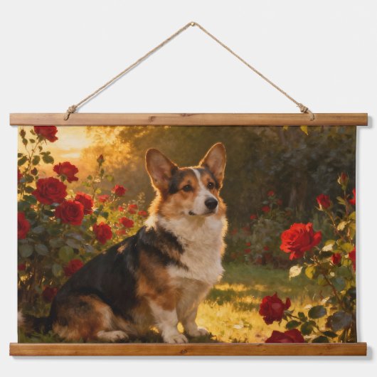 Corgi in den Rosen I Wandteppich Mit Holzrahmen (Vorne)