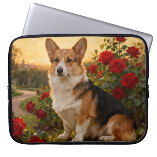 Corgi in den Rosen II Laptopschutzhülle (Vorderseite)