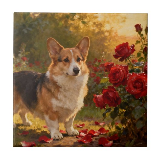 Corgi in den Rosen V Fliese (Vorderseite)