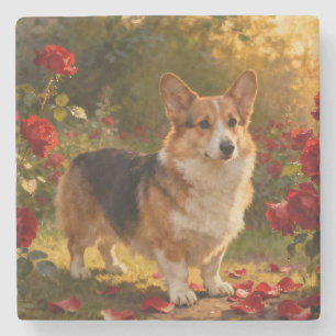 Corgi in den Rosen V Steinuntersetzer