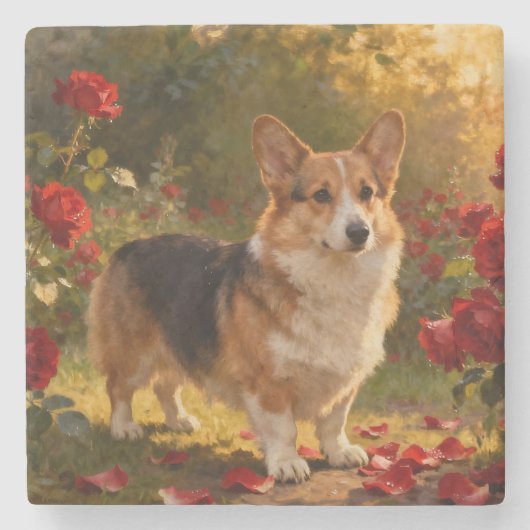 Corgi in den Rosen V Steinuntersetzer (Vorderseite)