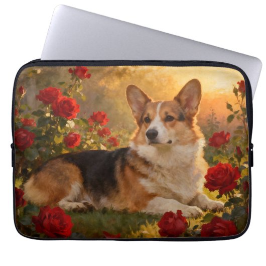 Corgi in den Rosen VI Laptopschutzhülle (Vorderseite)
