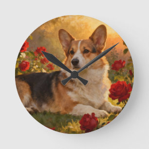 Corgi in den Rosen VI Runde Wanduhr