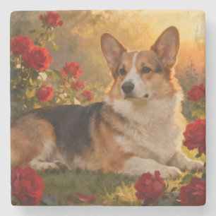 Corgi in den Rosen VI Steinuntersetzer