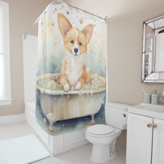 Corgi in der Badewanne Wasserfarben Kunst Duschvorhang (Beispiel)