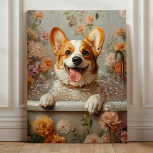 Corgi in einem Schaumbad – Whimsical Floral Hundeb Leinwanddruck