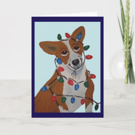 Corgi in Weihnachtslichtern verheddert Karte