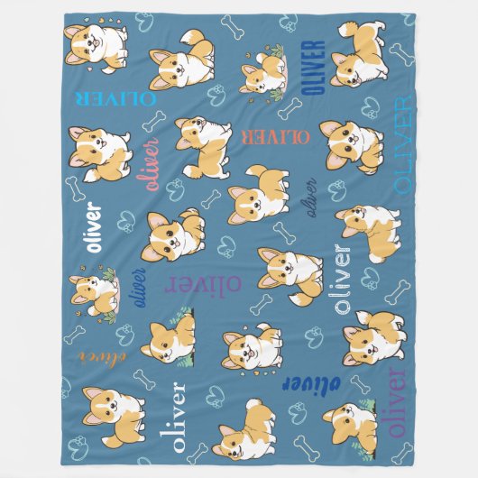 Corgi-Knochen-Herzen-Blaues Musterdesign Fleecedecke (Vorderseite)