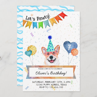Corgi Lasse Pawty Dog Birthday Party Einladung