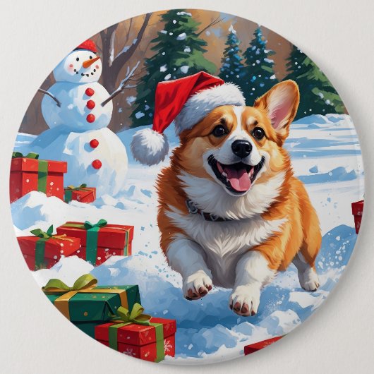 Corgi läuft im Schnee mit Weihnachtshut Button (Vorderseite)