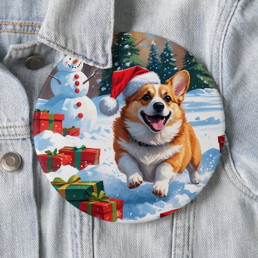 Corgi läuft im Schnee mit Weihnachtshut Button (Beispiel)