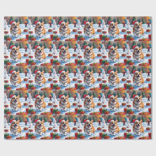 Corgi läuft im Schnee mit Weihnachtshut Geschenkpapier (Flach)