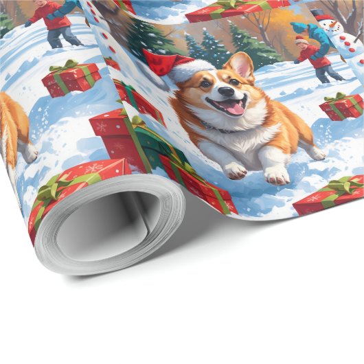 Corgi läuft im Schnee mit Weihnachtshut Geschenkpapier (Rolleneckpunkt)