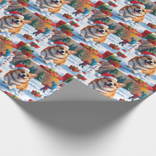 Corgi läuft im Schnee mit Weihnachtshut Geschenkpapier (Ecke)