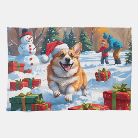 Corgi läuft im Schnee mit Weihnachtshut Geschirrtuch (Horizontal)